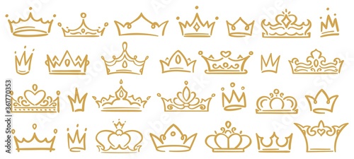 Fototapeta Naklejka Na Ścianę i Meble -  Gold sketch crowns, hand drown royal diadems for queen, princess, winner or champion. Crowns with various decoration, size and shape isolated on white background for logo, ad vector illustration