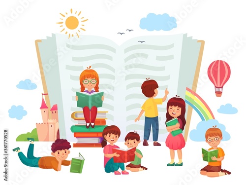 Kids reading books. Children in group enjoying literature, loving to read. Boys and girls learning or studying, getting knowledge next to big open hardback book. Education concept flat vector