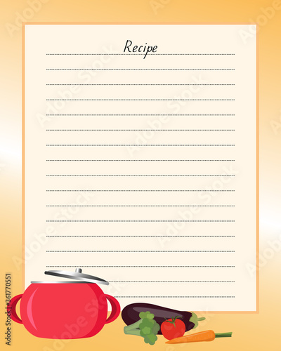 Recipe book page design. Page with lines for recording your recipes. Book of recipes. Cooking
