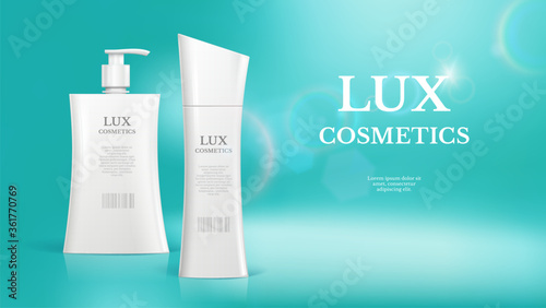 Realistic luxury cosmetic bottles. Package with design for cream or lotion, soup, shampoo and gel. Plastic containers mock up for brand template and advertisement vector illustration