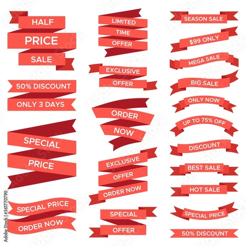 Red sale ribbons set isolated on white background. Curved paper, fabric tapes with text for half price sale, discount only 3 days, big or mega sale, limited time and exclusive offer. Ad labels vector