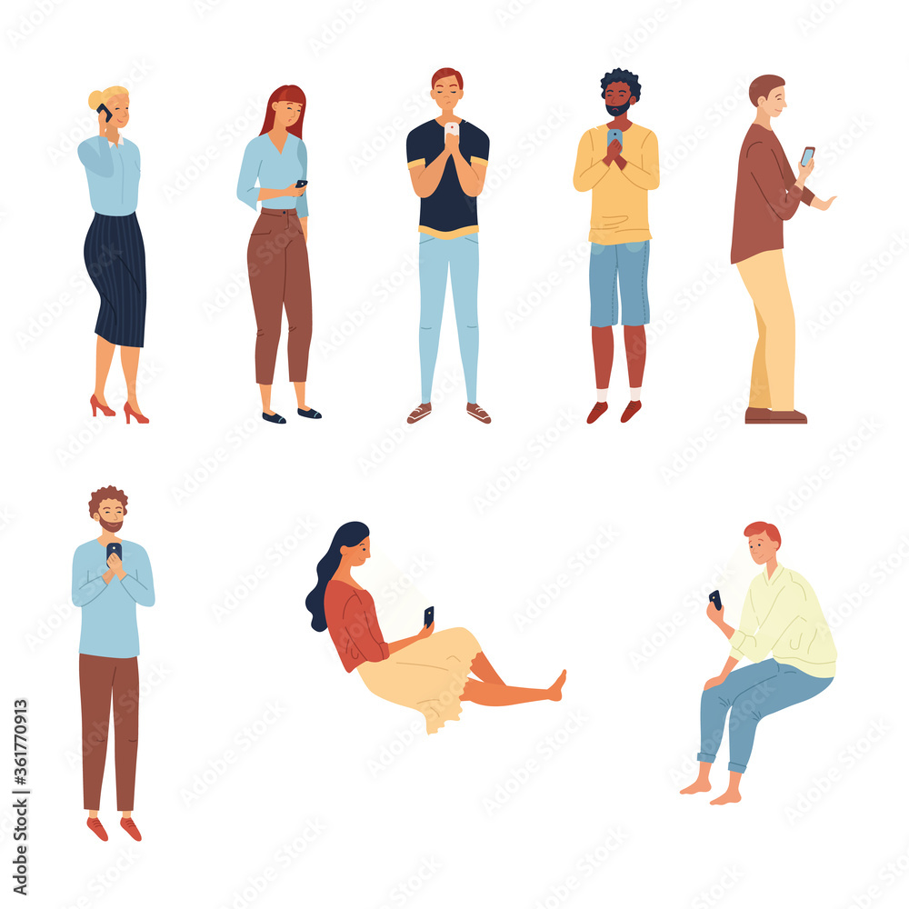 Obraz premium Modern Society Concept. Set Of People Men And Women With Gadgets. Characters Using Smartphones, Tablets For Entertainment And To Find Informations On Internet. Cartoon Flat Style. Vector Illustration