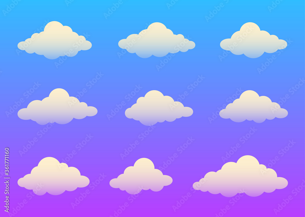 Clouds icon. Clouds set isolated on a blue transparent background. Clouds stencil. Clouds silhouettes. Realistic elements. Symbols of weather. Simple cartoon design. Flat style. Vector illustration.