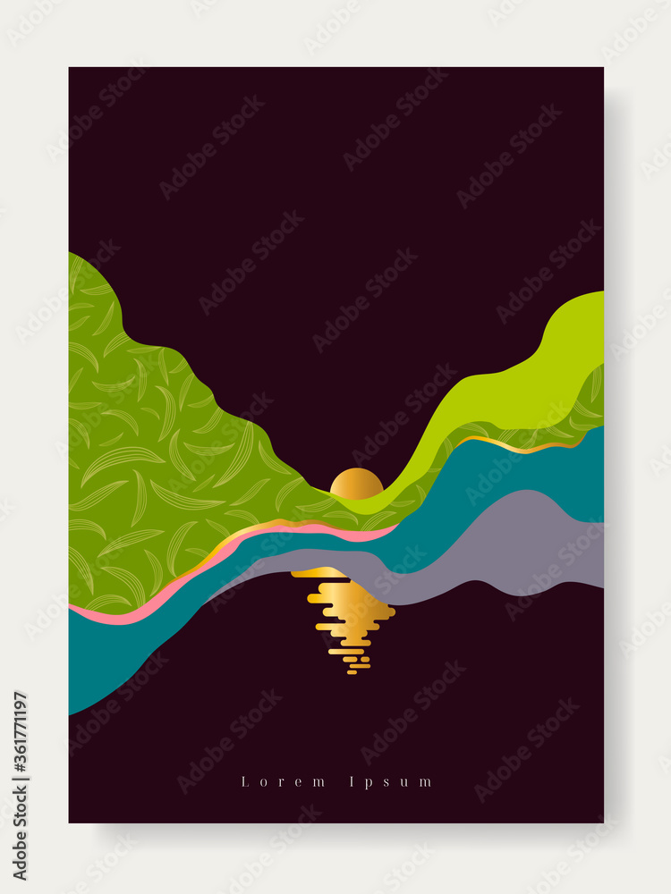 Abstract illustration depicting sunset over the lake on dark background. Abstract landscape of sunrise, wavy mountain with pattern.