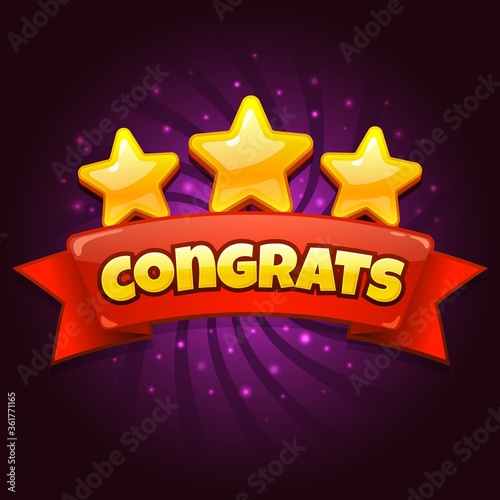 Congratulations game screen. Golden Congrats sign with three gold stars, casual games level up achievement screen cartoon vector illustration. Completed level with red ribbon and award for app