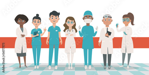 Doctors team vector illustration. Flat cartoon style characters of different ages, gender, and nationality.