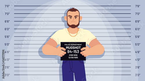 Cartoon arrested gangster mugshot. Arrested criminal holds board for identification, photo in police station, suspect profile vector concept. Robber, thief posing on measuring height scale background