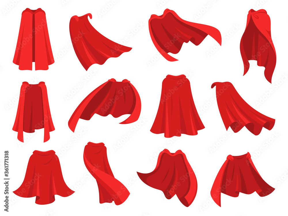 Superhero red cape. Scarlet fabric silk cloak in different position, front back and side view. Mantle costume, magic cover cartoon vector set. Satin flowing and flying carnival vampire clothes - obrazy, fototapety, plakaty 