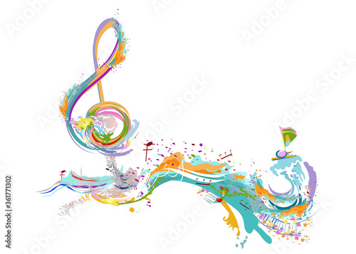 Abstract musical design with a treble clef and colorful splashes and waves. Hand drawn vector illustration.