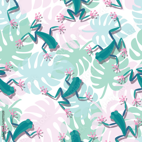 Tropical frogs pattern. Monstera leaves and funny frogs in cartoon style sitting and jumping. Seamless template. © velishchuknatali