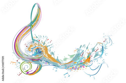 Abstract musical design with a treble clef and colorful splashes and waves. Hand drawn vector illustration.