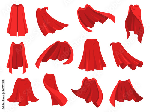 Superhero red cape. Scarlet fabric silk cloak in different position, front back and side view. Mantle costume, magic cover cartoon vector set. Satin flowing and flying carnival vampire clothes photo