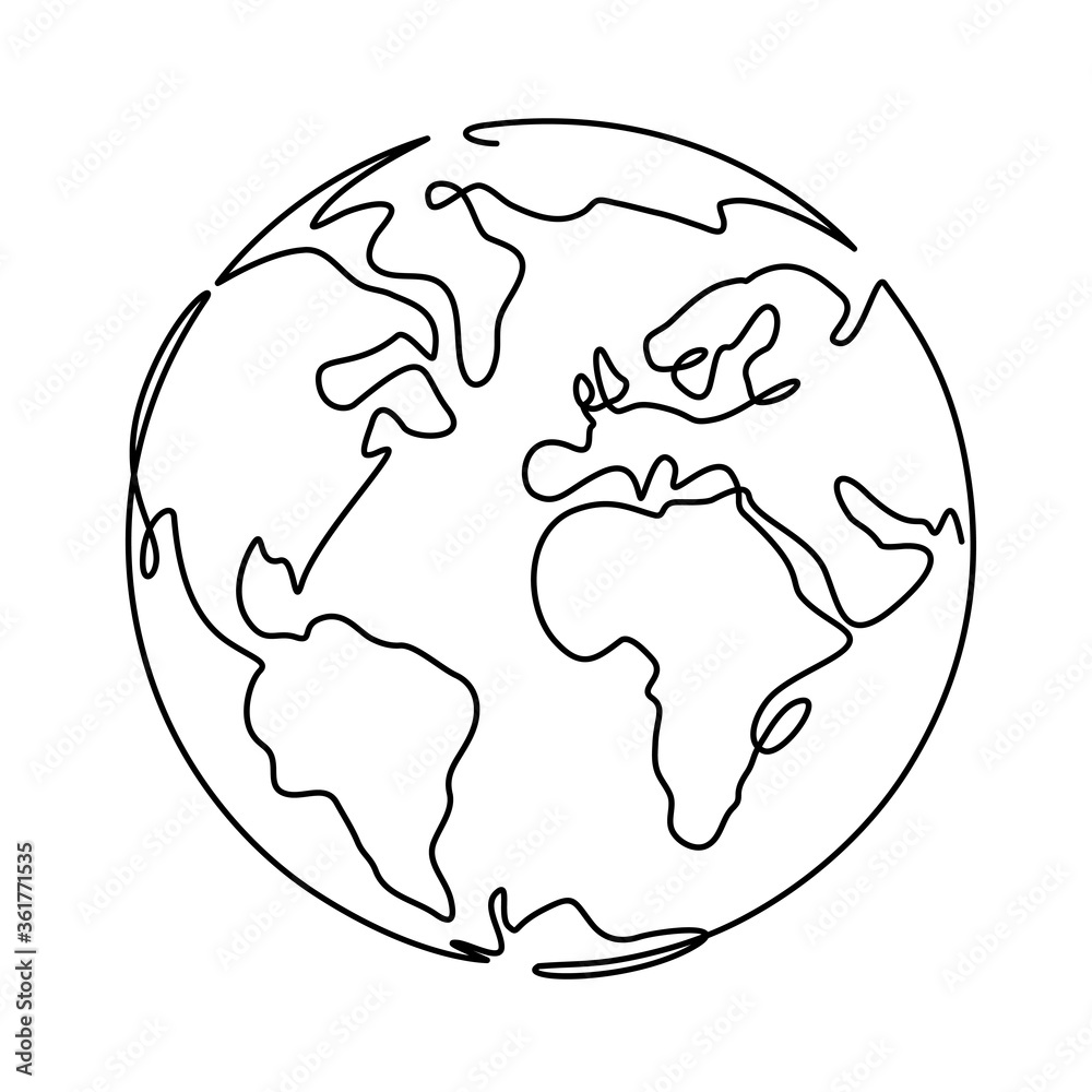 Earth. One line globus, world planet graphic icon, america, europe and asia global technology, simple continuous shape doodle vector concept. World map minimalist design isolated on white background Earth. One line globus, world planet graphic icon, america, europe and asia global technology, simple continuous shape doodle vector concept. World map minimalist design isolated on white background