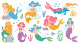 Mermaid. Cute mythical princess, little mermaids and dolphin, seashell and seaweeds, fishes and corals underwater game vector characters. Fairytale girls with colorful hair for fabric print