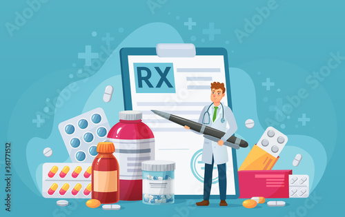 Rx medical prescription. Doctor writes signature in recipe, disease therapy pills, painkiller drugs. Pharmacy control vector concept. Medicine and healthcare with bottles and capsules