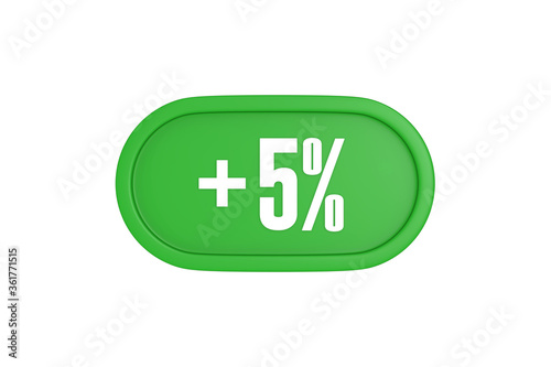 5 Percent increase 3d sign in green color isolated on white background, 3d illustration.