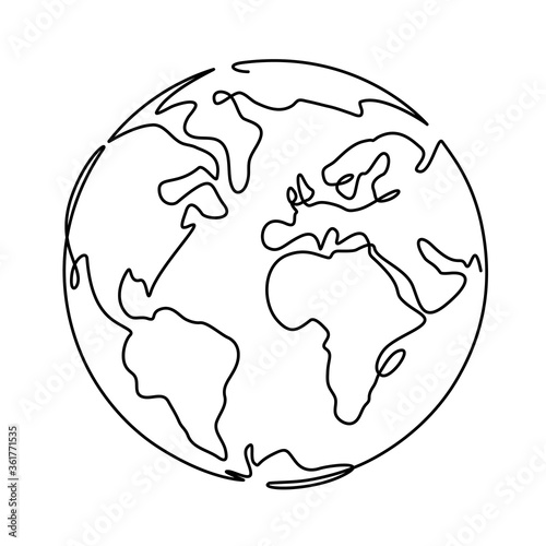 Earth. One line globus, world planet graphic icon, america, europe and asia global technology, simple continuous shape doodle vector concept. World map minimalist design isolated on white background