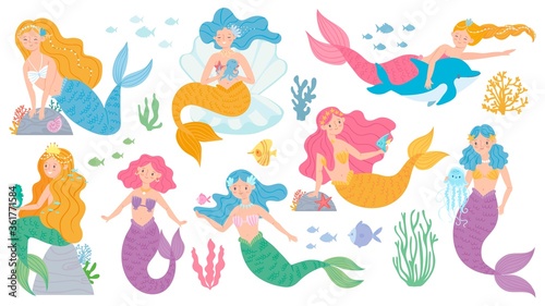 Mermaid. Cute mythical princess  little mermaids and dolphin  seashell and seaweeds  fishes and corals underwater game vector characters. Fairytale girls with colorful hair for fabric print