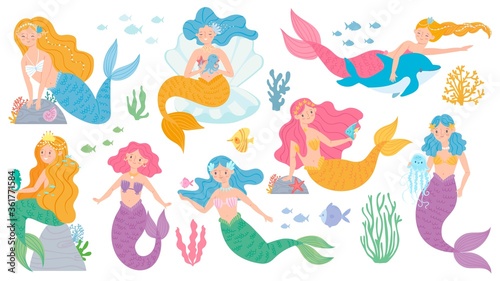 Mermaid. Cute mythical princess, little mermaids and dolphin, seashell and seaweeds, fishes and corals underwater game vector characters. Fairytale girls with colorful hair for fabric print
