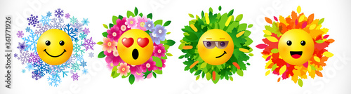 Creative emoticon set. Isolated abstract graphic design template. Messenger interface icons with seasons of year elements. Network vector signs, bright collection. Cute smile faces, fun style symbols.