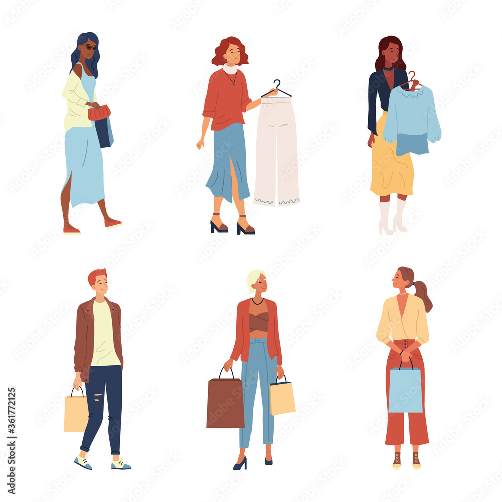 Shopping Concept. Fashion People, Buyers Or Customers With Trendy Fashion Clothes. Characters Make Purchases. Men And Women Holding Clothes And Bags With Purchases. Cartoon Flat Vector illustration