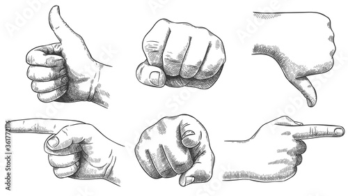 Engraved hands gesture. Hand drawn like and dislike, sketch punch and pointing finger. Vintage hand pointer vector illustration set. Thumb up and down, recommendation. Finger from and side view