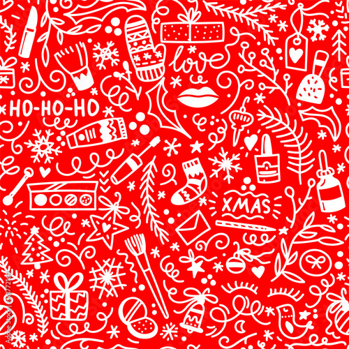 Winter holidays style cosmetics seamless vector pattern. White doodles on a traditional red background.
