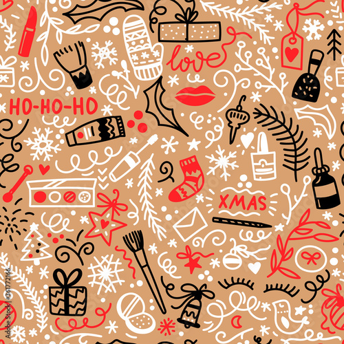 Christmas cosmetics seamless vector pattern. Doodles on a craft paper.