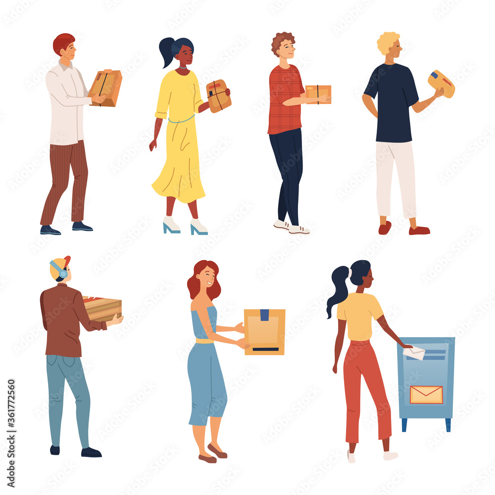 People Wait In A Queue To Send Packages And Letters. Set Of Characters Pick up, Send Parcels. Mail Delivery Service, Postage Transportation, Profession, Occupation. Cartoon Flat Vector Illustration