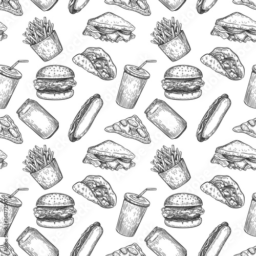 Fast food seamless pattern. Hand drawn pizza, burger and fries, hot dog, hamburger and cola for fast food menu wallpaper vector texture. Sketch junk meal and soda drink for menu design