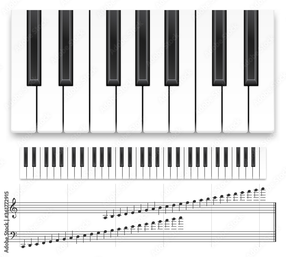 Piano keyboard. Realistic music instrument top view grand piano keyboard or  synthesizer and musical notes vector template. Musical creative concept,  design for recording studio on white background Stock Vector | Adobe Stock