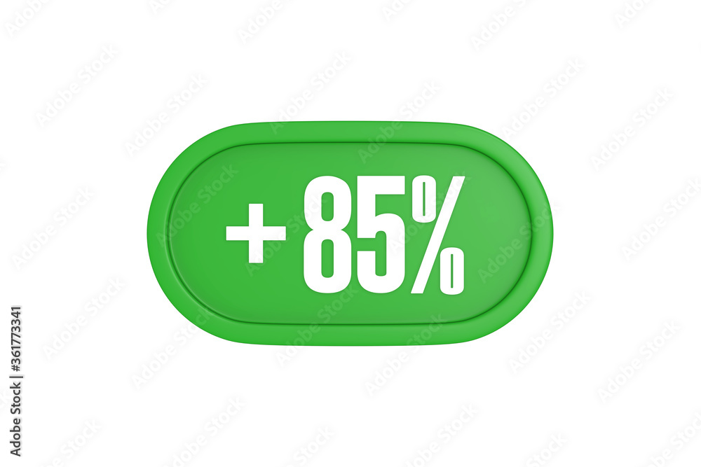 85 Percent increase 3d sign in green color isolated on white background, 3d illustration. 85 Percent increase 3d sign in green color isolated on white background, 3d illustration.