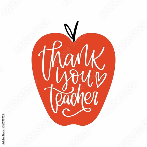 School, kindergarten graduation gratitude quote vector design. Appreciation words, Thank you teacher handwritten modern calligraphy phrase, apple silhouette and heart symbol. 