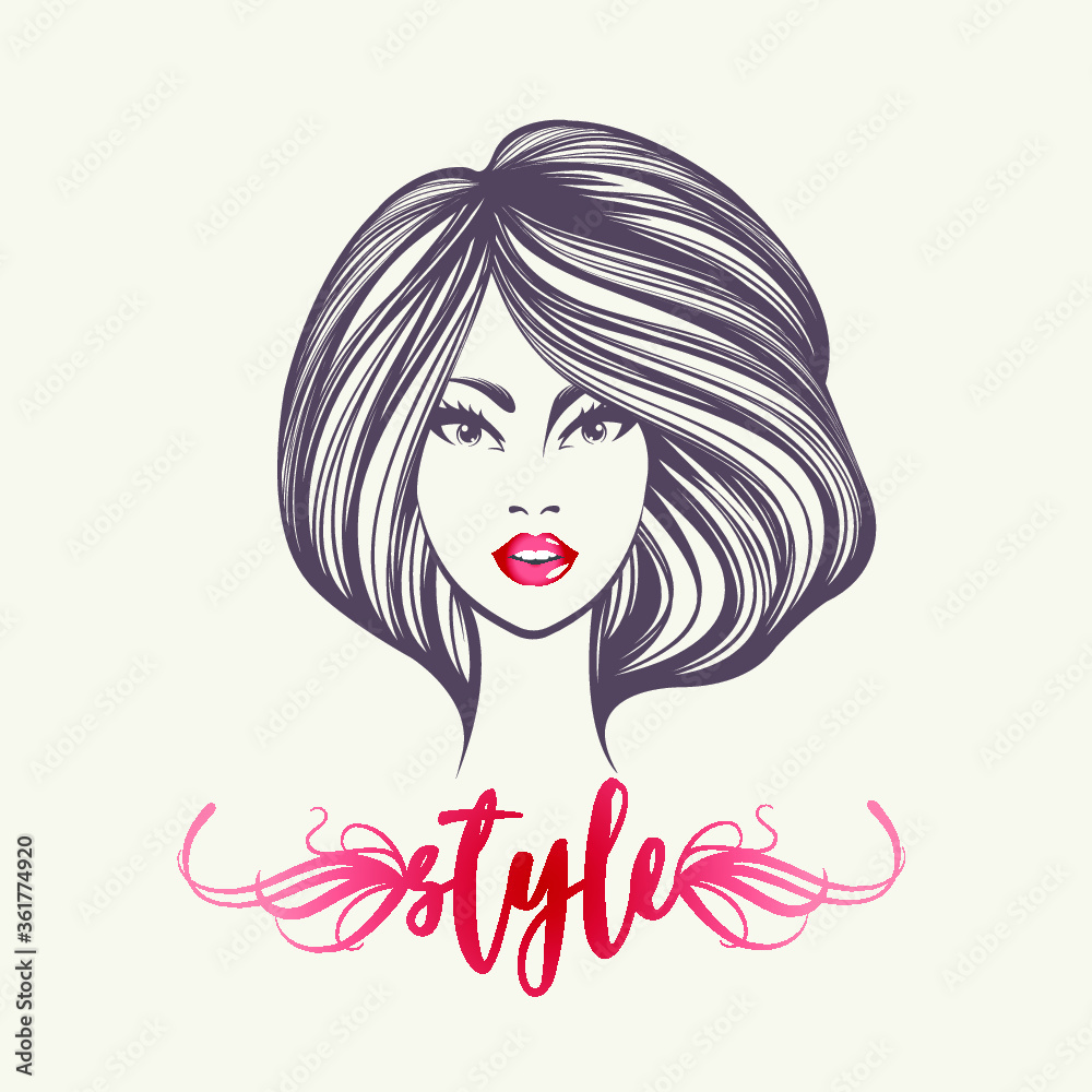 Beauty salon and hair studio logo.Beautiful woman with long, wavy hairstyle and elegant makeup.Cute portrait.Cosmetics and spa icon.Red lipstick.Young lady face. Beauty salon and hair studio logo.Beautiful woman with long, wavy hairstyle and elegant makeup.Cute portrait.Cosmetics and spa icon.Red lipstick.Young lady face.