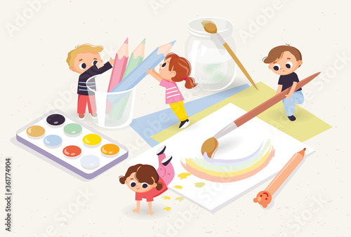Collage with children and school supplies. Creative kids with school supplies. Children drawing.