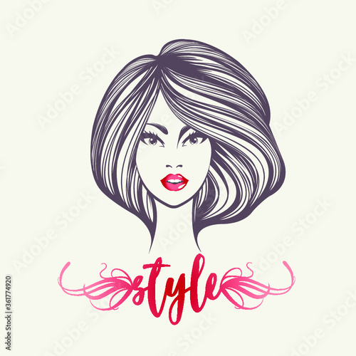 Beauty salon and hair studio logo.Beautiful woman with long  wavy hairstyle and elegant makeup.Cute portrait.Cosmetics and spa icon.Red lipstick.Young lady face.