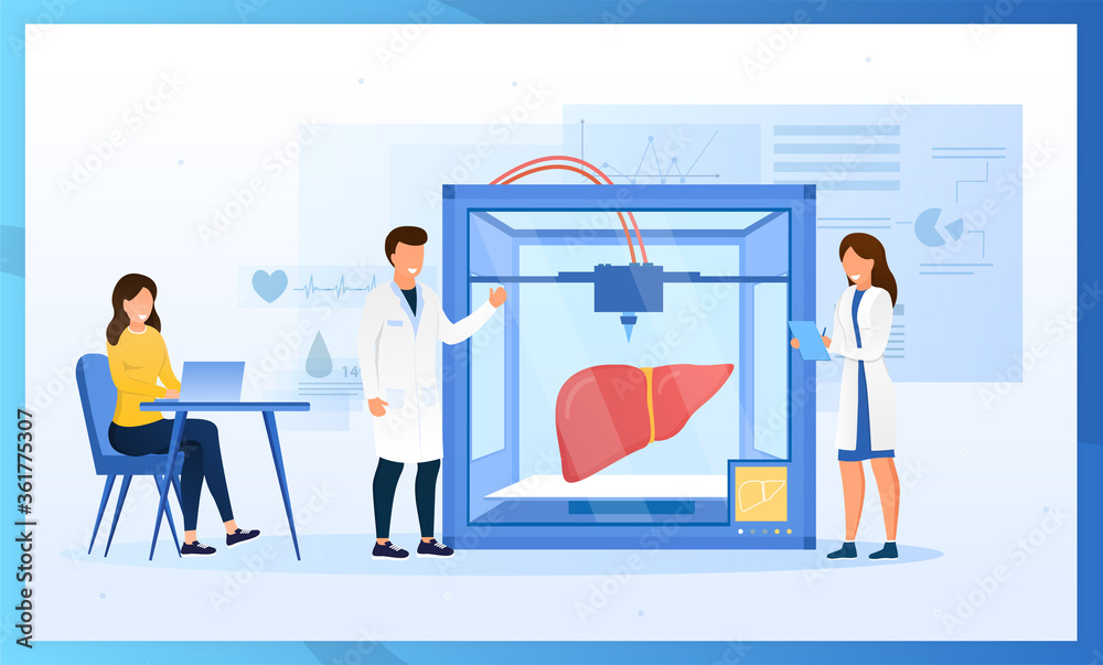 Bioprinter concept. Scientists reproduce human liver on a 3D printer. Bioengineering. Futuristic medicine. Medical printer. Perfect for landing page, web design, banner, header or mobile app. Vector