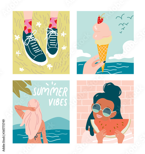 Set of summer illustrations. Ice cream cone. Sneakers on the grass. Girl with watermelon. Girl at the beach.