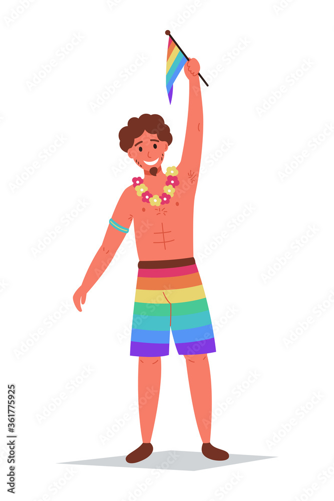 Gay, parade. LGBT people hold a rainbow flag. Vector illustration on a white isolated background