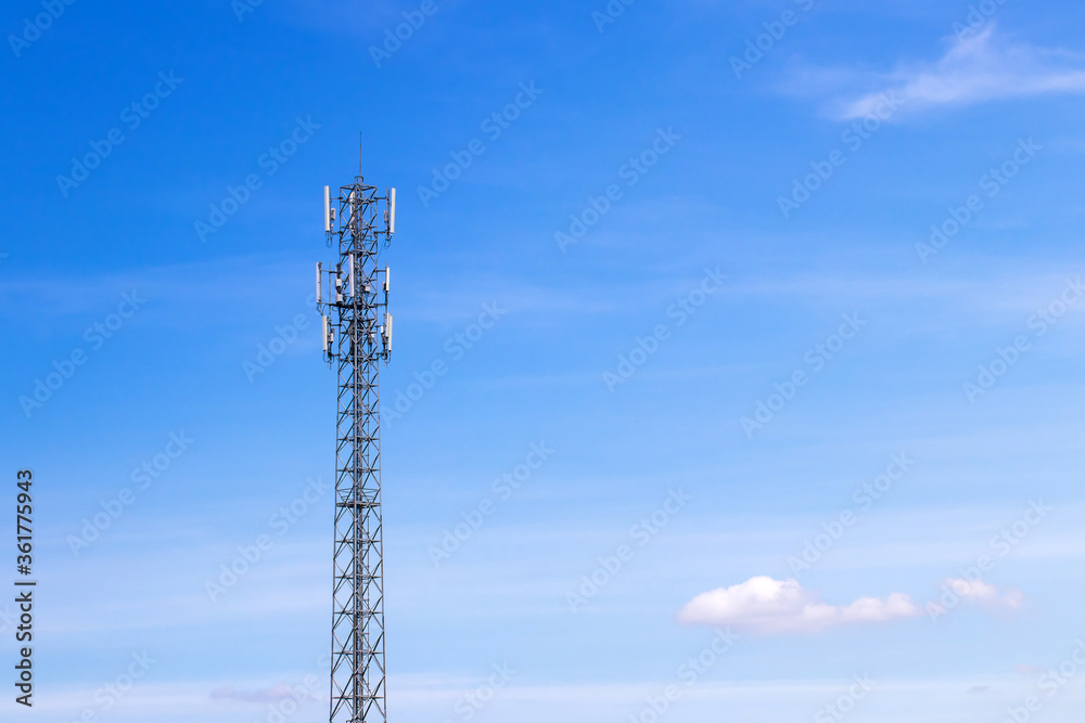 Telecommunication tower with blue sky and white clouds background,satellite pole communication technology.