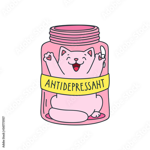 Antidepressant. Cute illustration of funny cat sitting in a pink bottle isolated on white background. Vector 8 EPS.