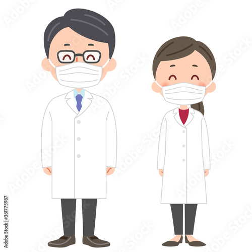 マスクをした医者の男女　全身イラスト