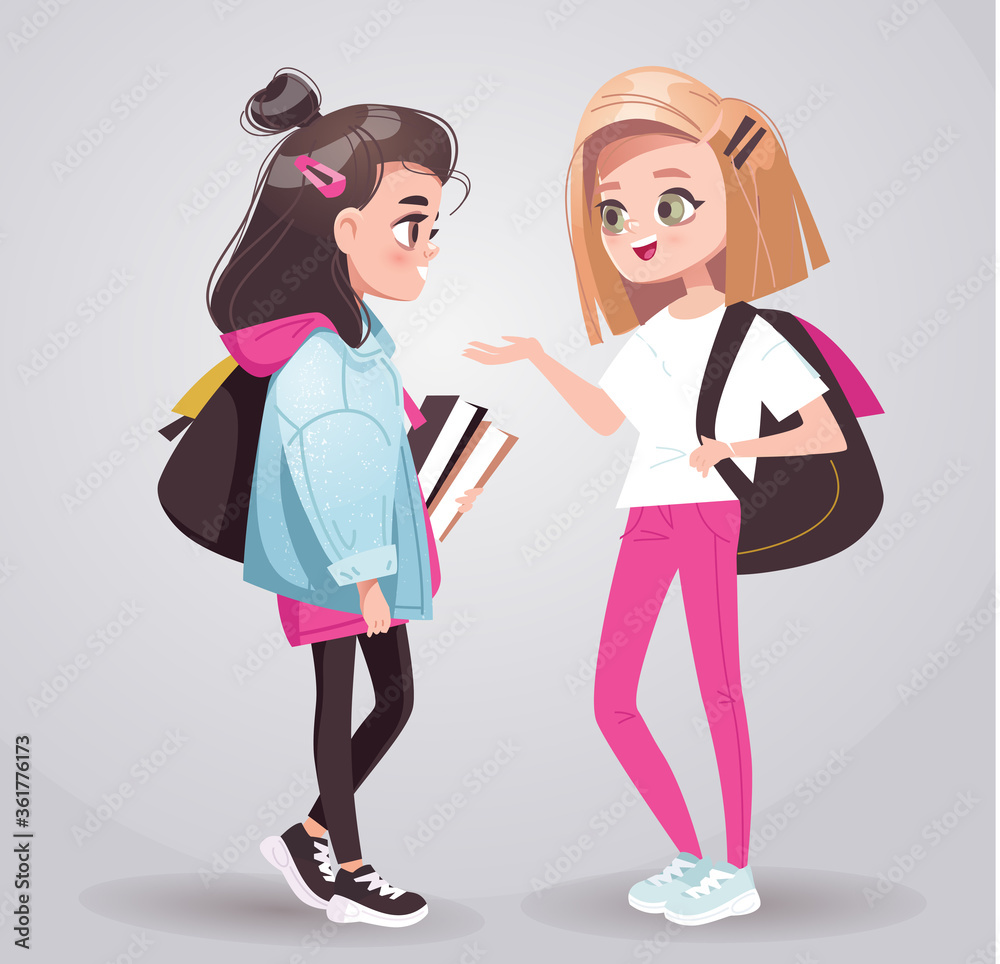 Two teenage girls talking in the school hallway. Two teenage girlfriends chatting on school break. Two teenage girls talking in the school hallway. Two teenage girlfriends chatting on school break.
