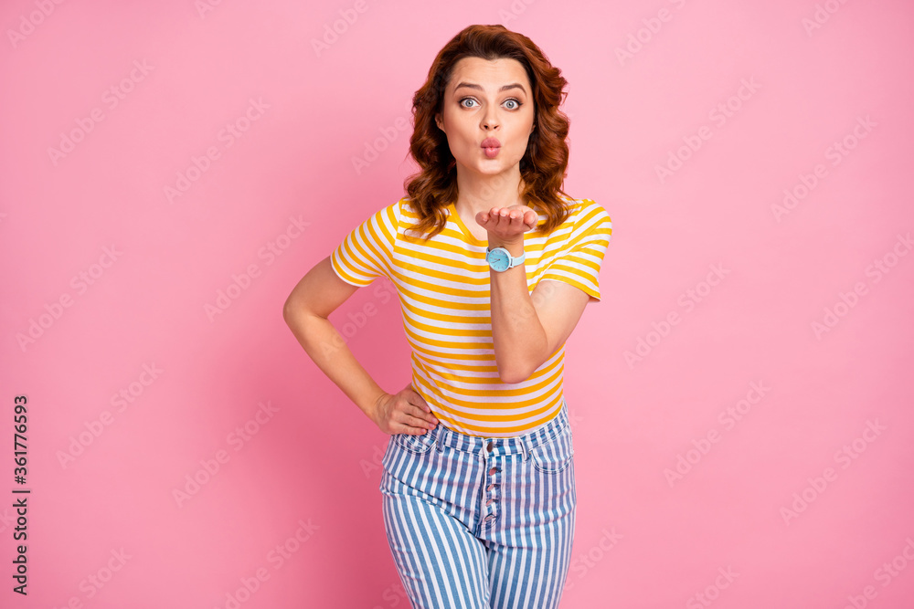 Portrait of her she nice-looking attractive lovely lovable pretty sweet cheerful wavy-haired girl sending you air kiss isolated over pink pastel color background Portrait of her she nice-looking attractive lovely lovable pretty sweet cheerful wavy-haired girl sending you air kiss isolated over pink pastel color background