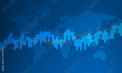 World Map with Financial Data Graph Chart on Blue Background.