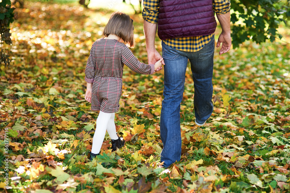 Rear view of child and father walking in autumn woods Rear view of child and father walking in autumn woods