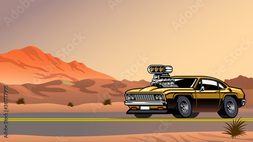 muscle car with big engine on the desert road