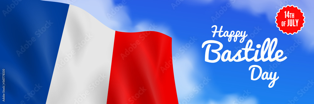 Obraz premium 14th of july France independence bastille day banner design with french flags on sky background