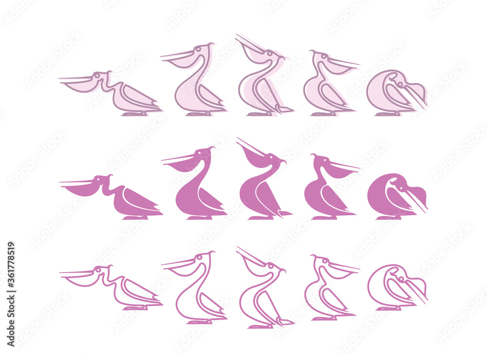 Funny pelican silhouette. Logo. Set. Vector isolated character. Pink bird with contour line. 