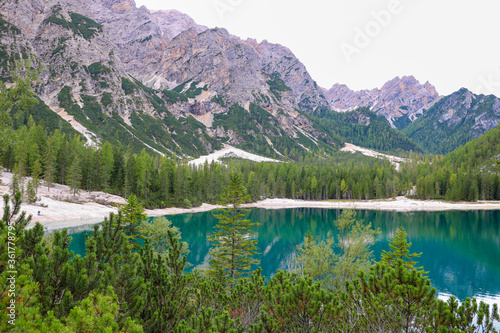 Lake Lago di Braies in Dolomiti Mountains, Italy.